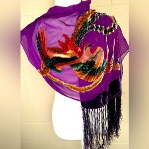 Beaded Silk Sheer Wrap Shawl Scarf Floral Birds Boho Beaded Fairy Artsy